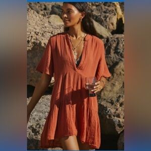 Anthropologie NWT Sz XS Kallie Gauze Flowy Tiered V Neck Mini Dress Brown